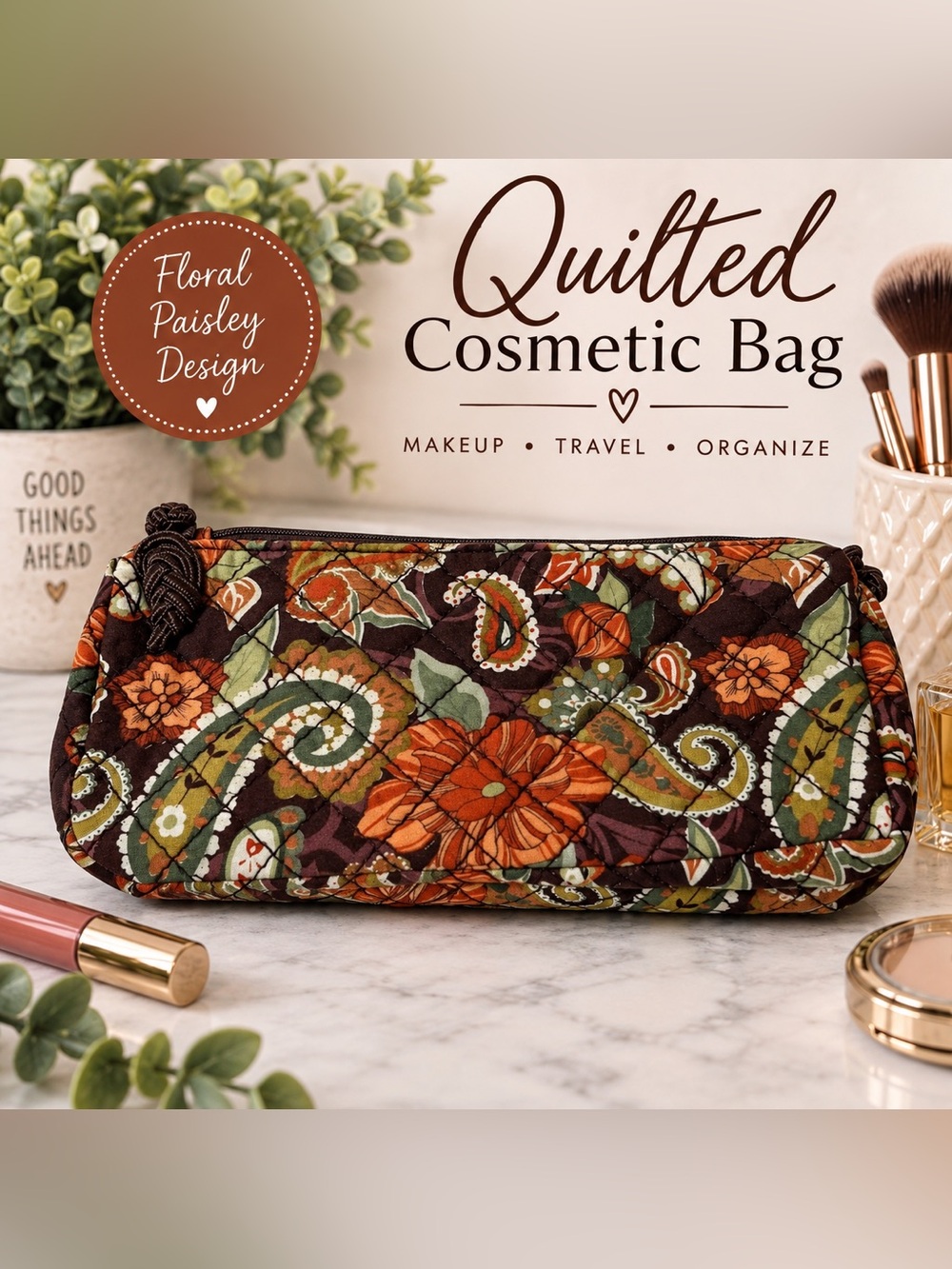 Quilted Floral Paisley Cosmetic Makeup Bag Brown Orange Green Zip Pouch